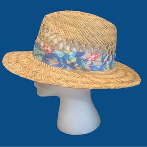 HBY Miami Woven Straw Panama Hat w Colorful Pleated Tropical Ribbon 2.75” Brim L